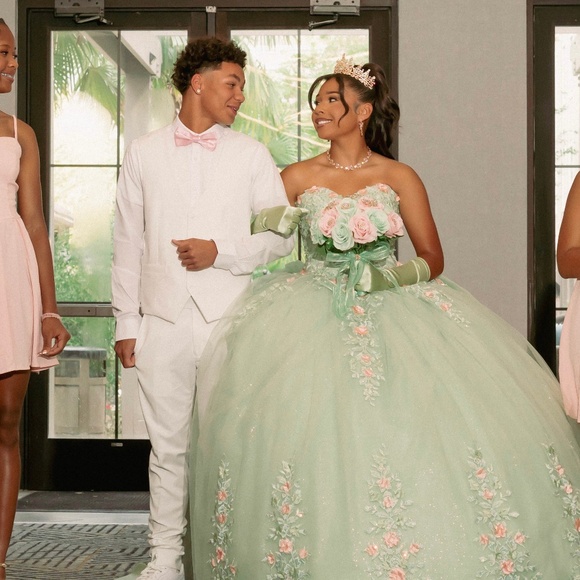 Sage Green Quinceañera Dress With Train - Picture 8 of 9